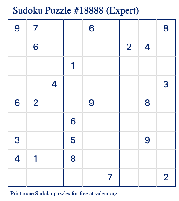 Free Printable Expert Sudoku Puzzle number 18888