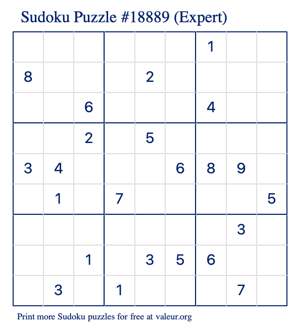 Free Printable Expert Sudoku Puzzle number 18889