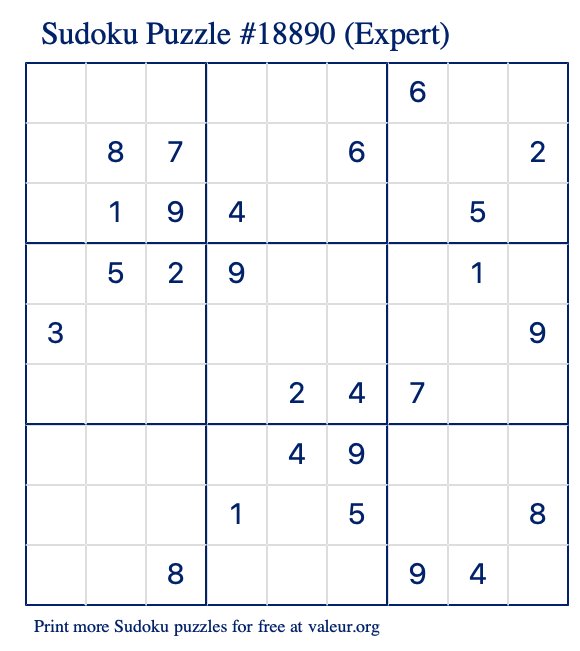 Free Printable Expert Sudoku Puzzle number 18890