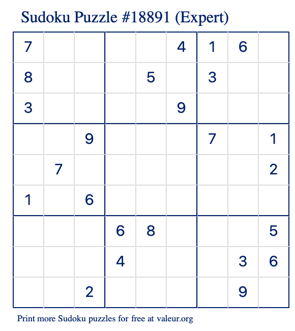 Free Printable Expert Sudoku Puzzle number 18891