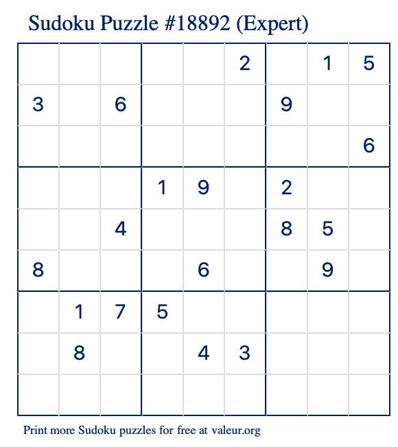 Free Printable Expert Sudoku Puzzle number 18892