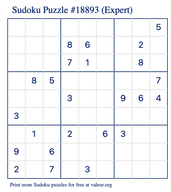 Free Printable Expert Sudoku Puzzle number 18893