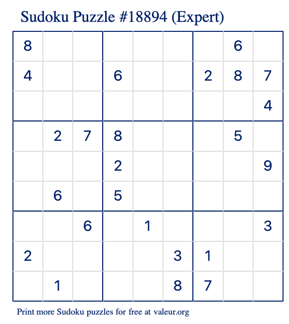 Free Printable Expert Sudoku Puzzle number 18894