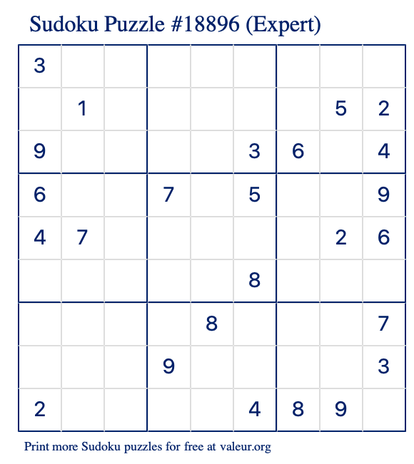 Free Printable Expert Sudoku Puzzle number 18896