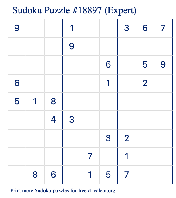 Free Printable Expert Sudoku Puzzle number 18897