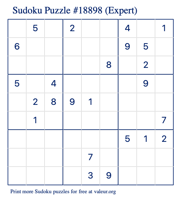 Free Printable Expert Sudoku Puzzle number 18898