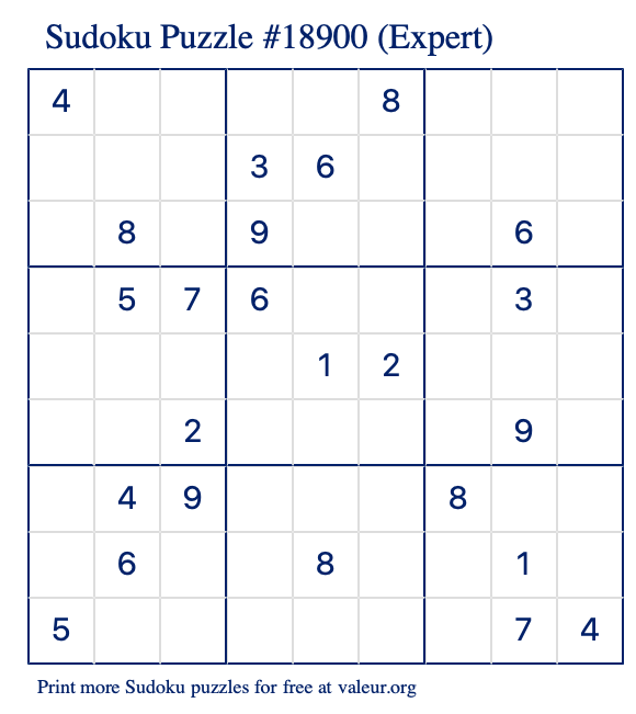 Free Printable Expert Sudoku Puzzle number 18900