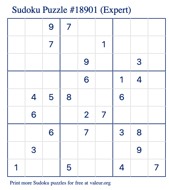 Free Printable Expert Sudoku Puzzle number 18901