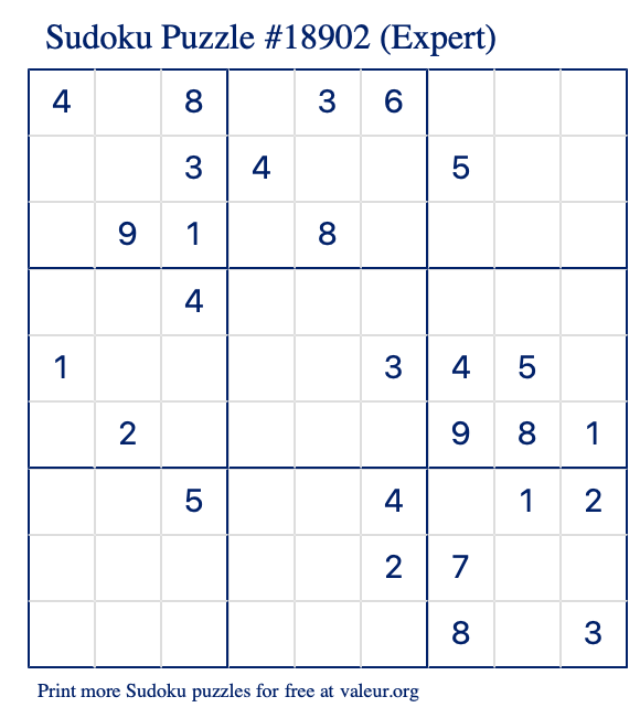 Free Printable Expert Sudoku Puzzle number 18902