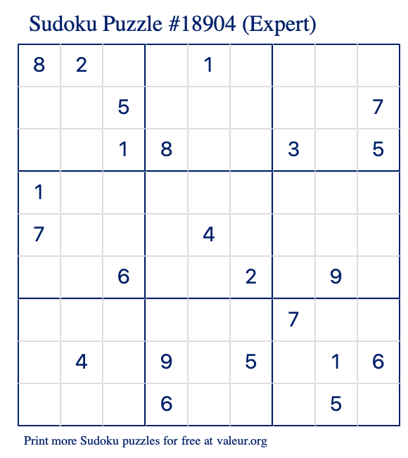 Free Printable Expert Sudoku Puzzle number 18904