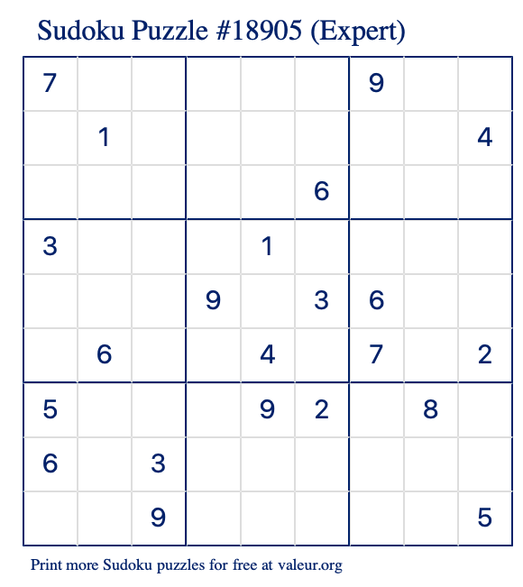 Free Printable Expert Sudoku Puzzle number 18905