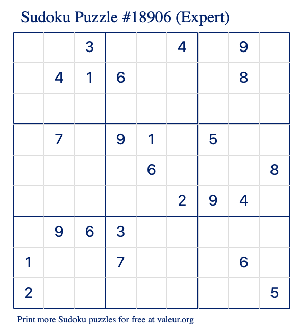 Free Printable Expert Sudoku Puzzle number 18906