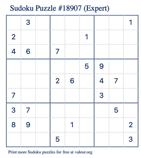 Free Printable Expert Sudoku Puzzle number 18907
