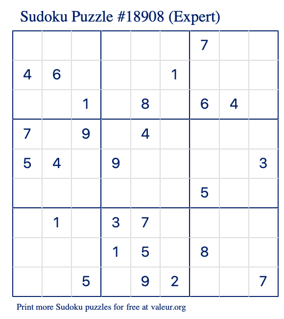 Free Printable Expert Sudoku Puzzle number 18908