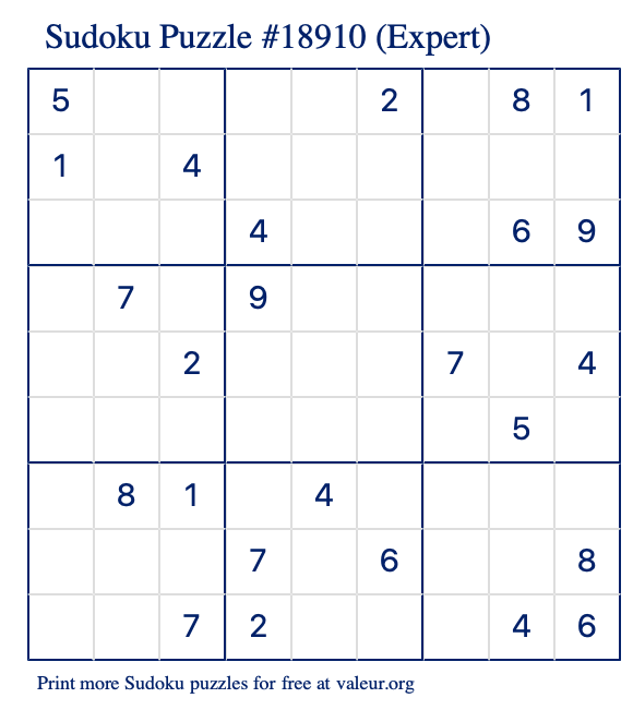 Free Printable Expert Sudoku Puzzle number 18910