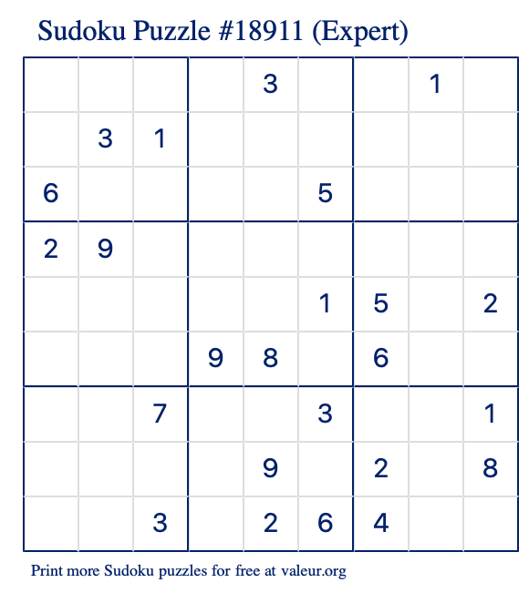 Free Printable Expert Sudoku Puzzle number 18911