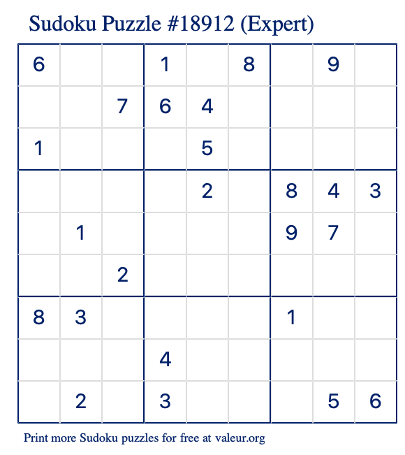Free Printable Expert Sudoku Puzzle number 18912