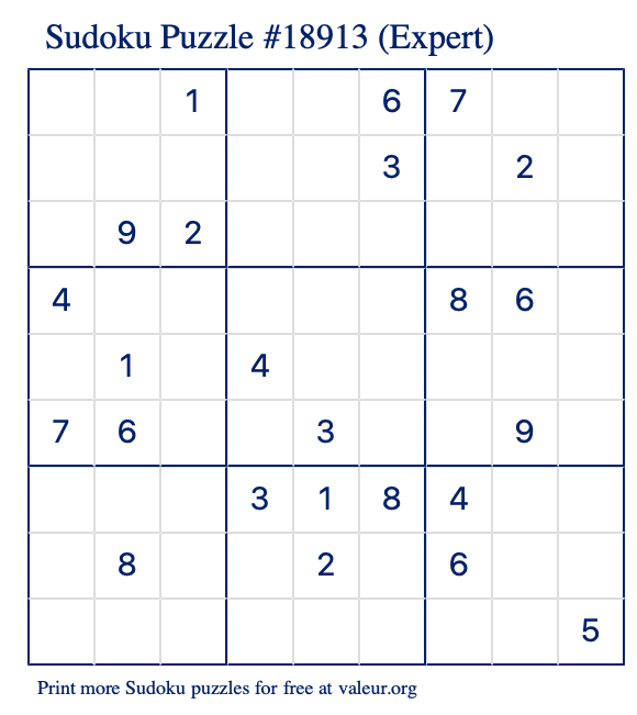 Free Printable Expert Sudoku Puzzle number 18913