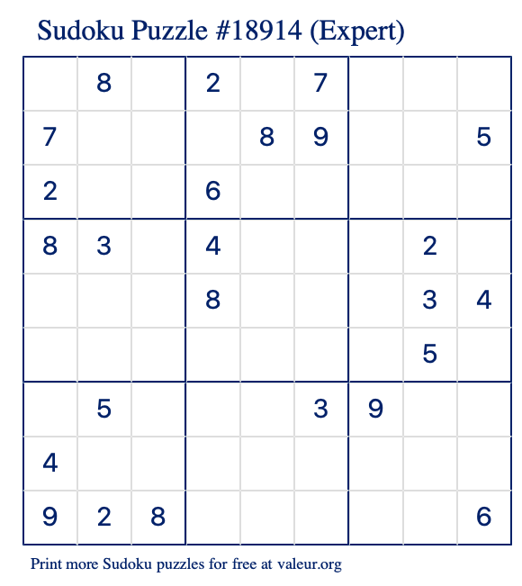 Free Printable Expert Sudoku Puzzle number 18914