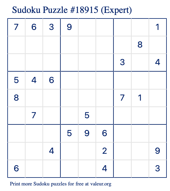Free Printable Expert Sudoku Puzzle number 18915