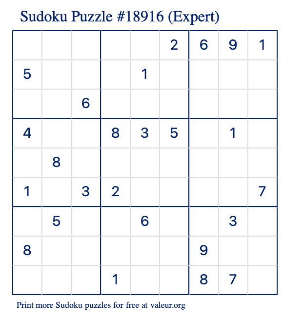 Free Printable Expert Sudoku Puzzle number 18916