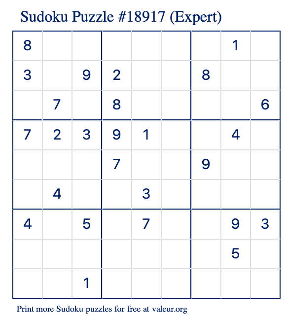 Free Printable Expert Sudoku Puzzle number 18917
