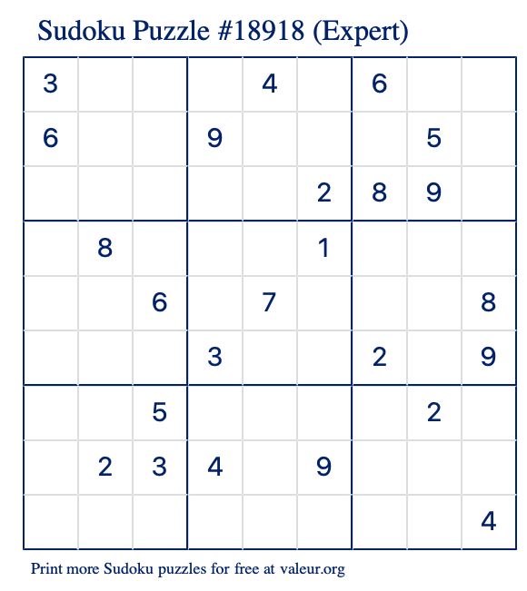 Free Printable Expert Sudoku Puzzle number 18918