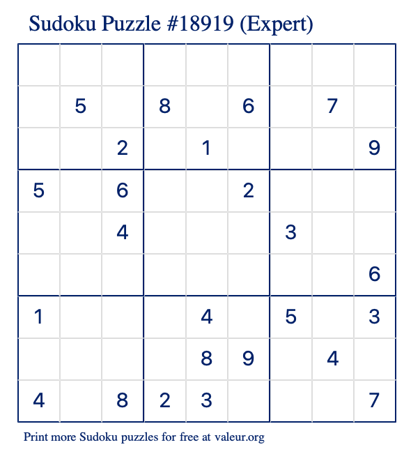 Free Printable Expert Sudoku Puzzle number 18919