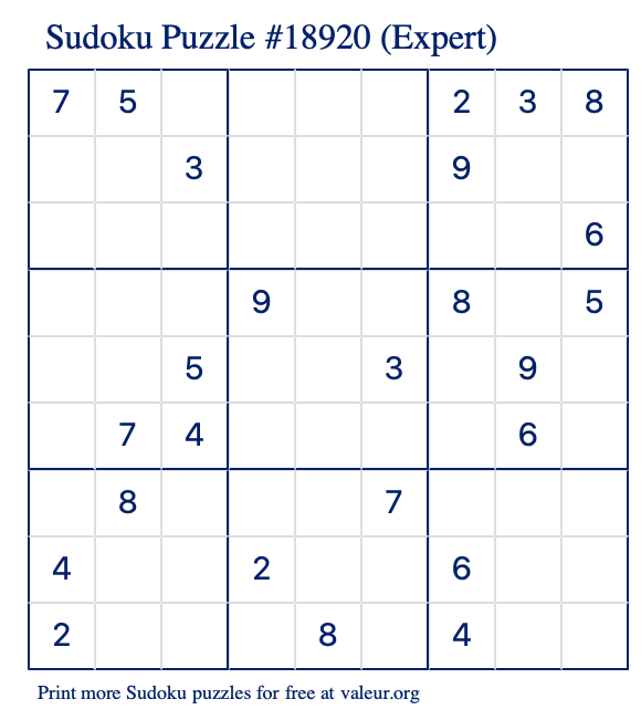 Free Printable Expert Sudoku Puzzle number 18920