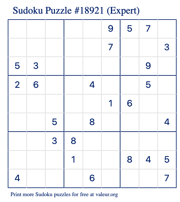 Free Printable Expert Sudoku Puzzle number 18921