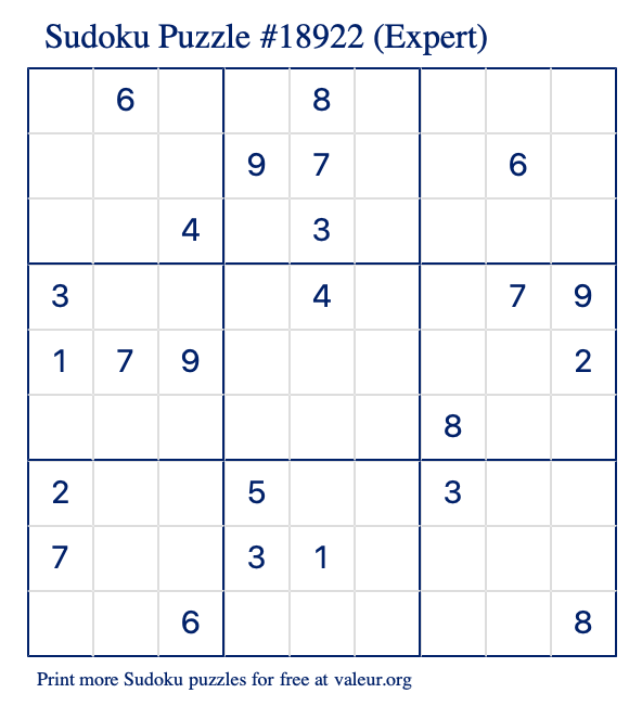 Free Printable Expert Sudoku Puzzle number 18922