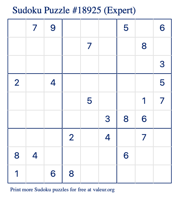 Free Printable Expert Sudoku Puzzle number 18925