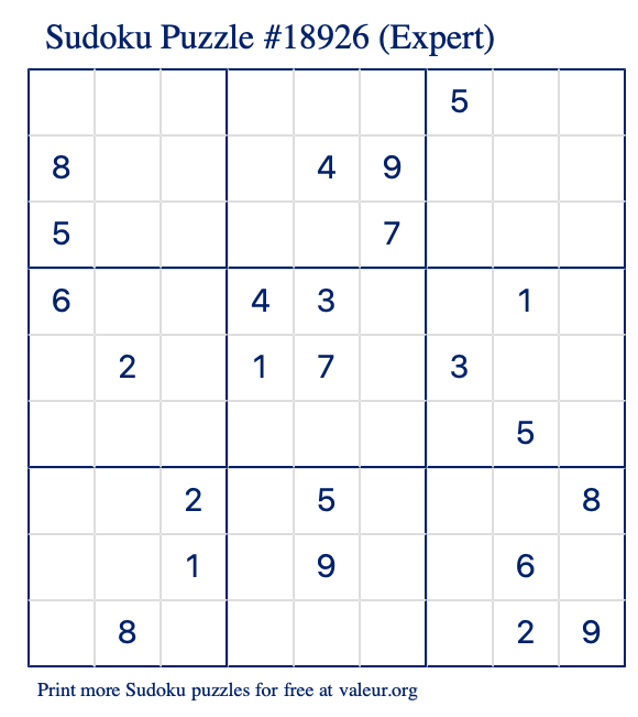 Free Printable Expert Sudoku Puzzle number 18926