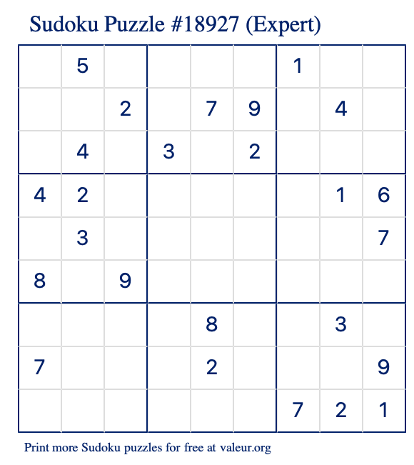 Free Printable Expert Sudoku Puzzle number 18927