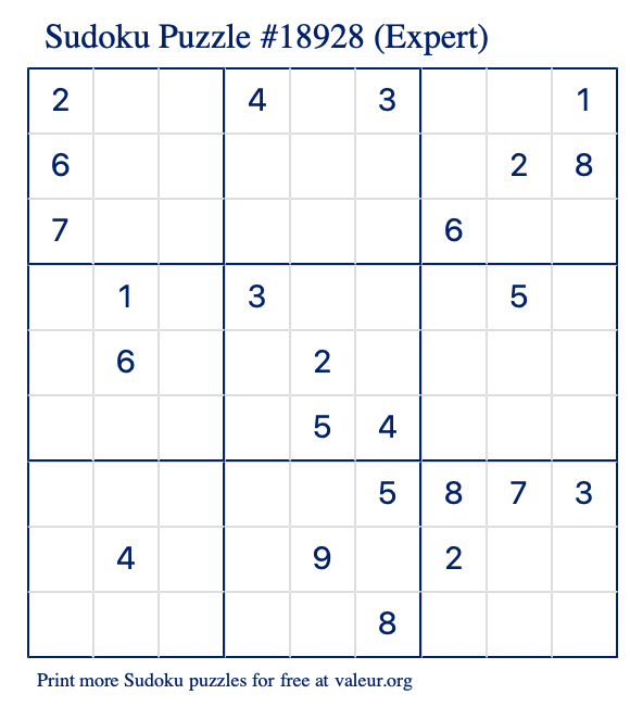 Free Printable Expert Sudoku Puzzle number 18928