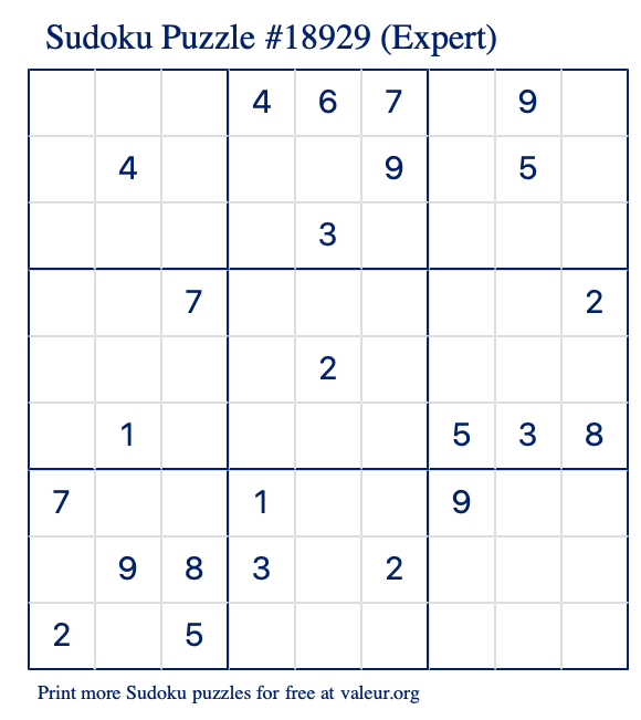 Free Printable Expert Sudoku Puzzle number 18929