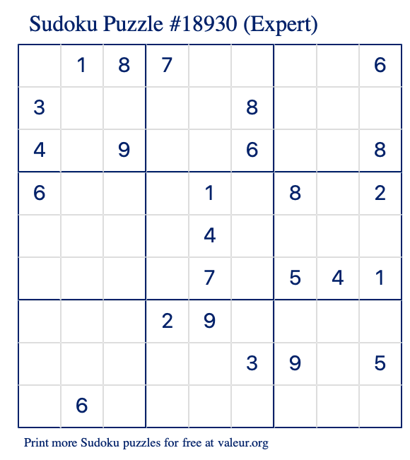 Free Printable Expert Sudoku Puzzle number 18930