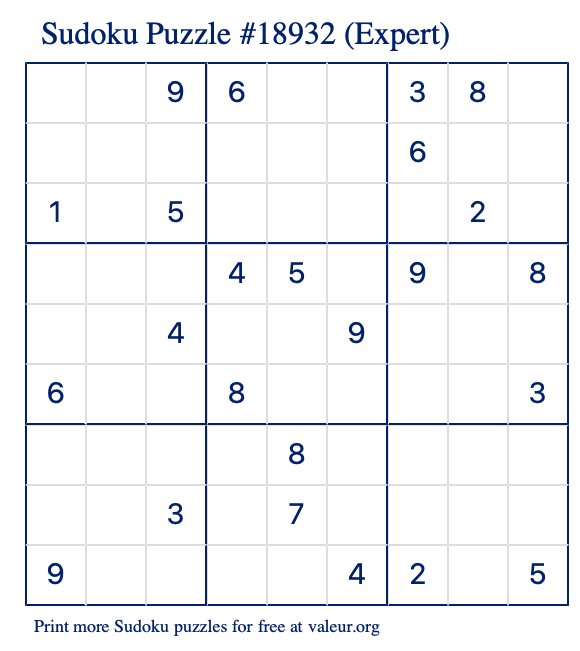 Free Printable Expert Sudoku Puzzle number 18932