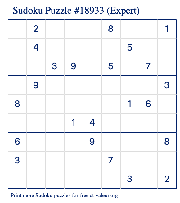 Free Printable Expert Sudoku Puzzle number 18933