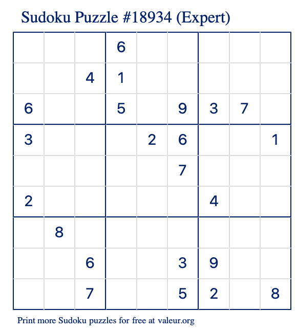 Free Printable Expert Sudoku Puzzle number 18934
