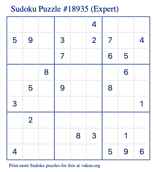 Free Printable Expert Sudoku Puzzle number 18935