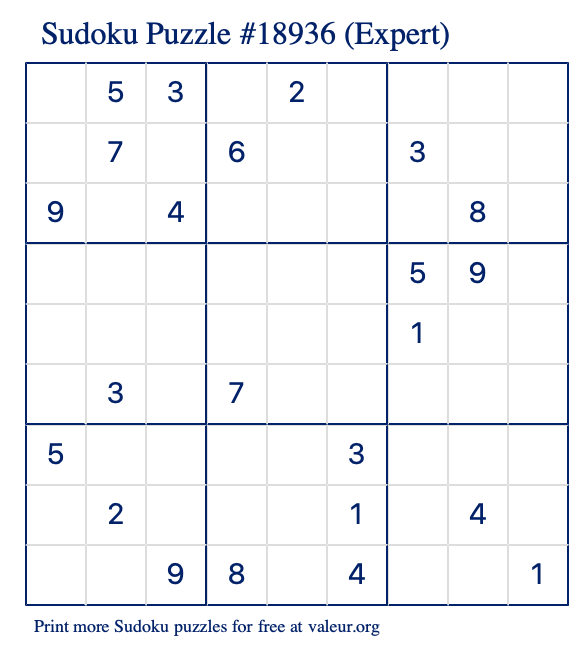 Free Printable Expert Sudoku Puzzle number 18936