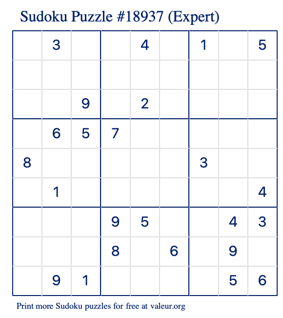 Free Printable Expert Sudoku Puzzle number 18937
