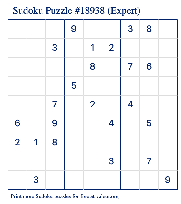 Free Printable Expert Sudoku Puzzle number 18938