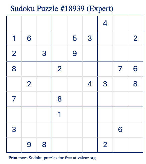 Free Printable Expert Sudoku Puzzle number 18939