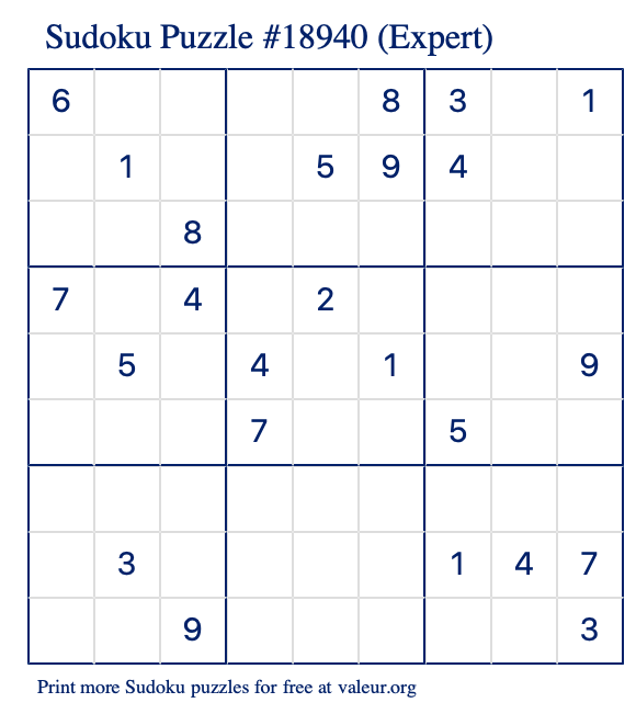Free Printable Expert Sudoku Puzzle number 18940