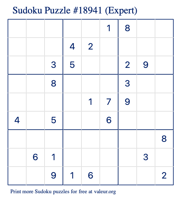 Free Printable Expert Sudoku Puzzle number 18941