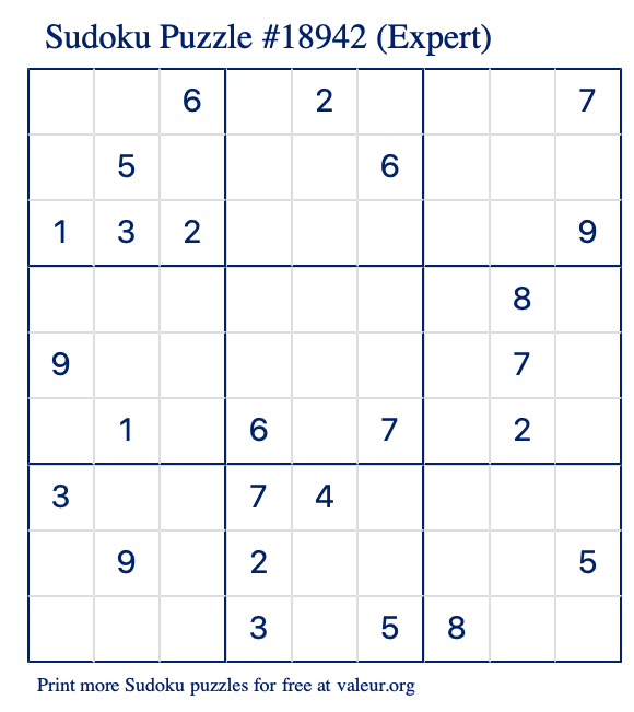Free Printable Expert Sudoku Puzzle number 18942