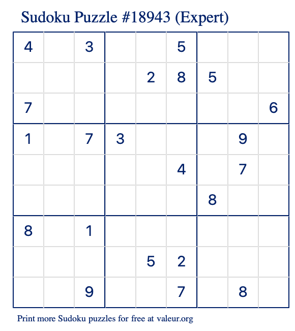Free Printable Expert Sudoku Puzzle number 18943