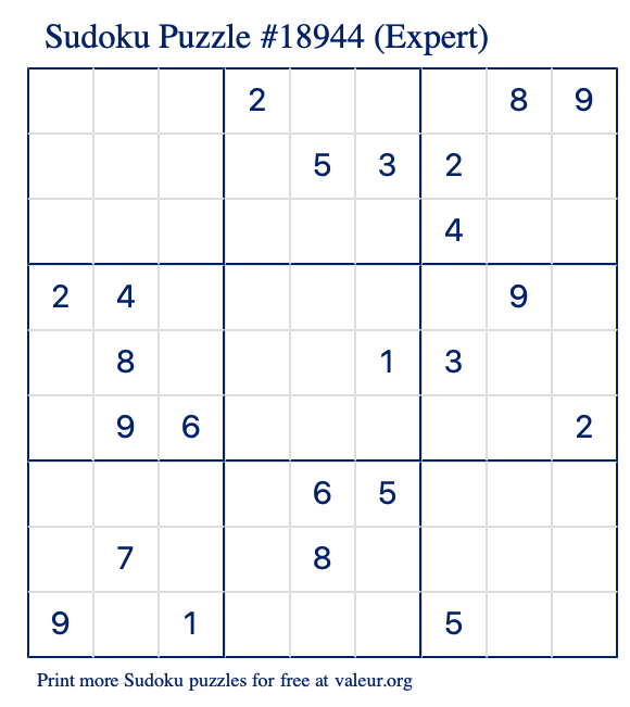 Free Printable Expert Sudoku Puzzle number 18944